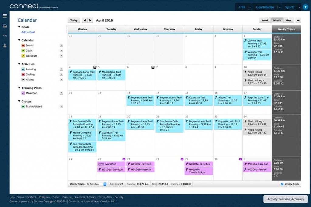 Garmin Connect - Calendar full page